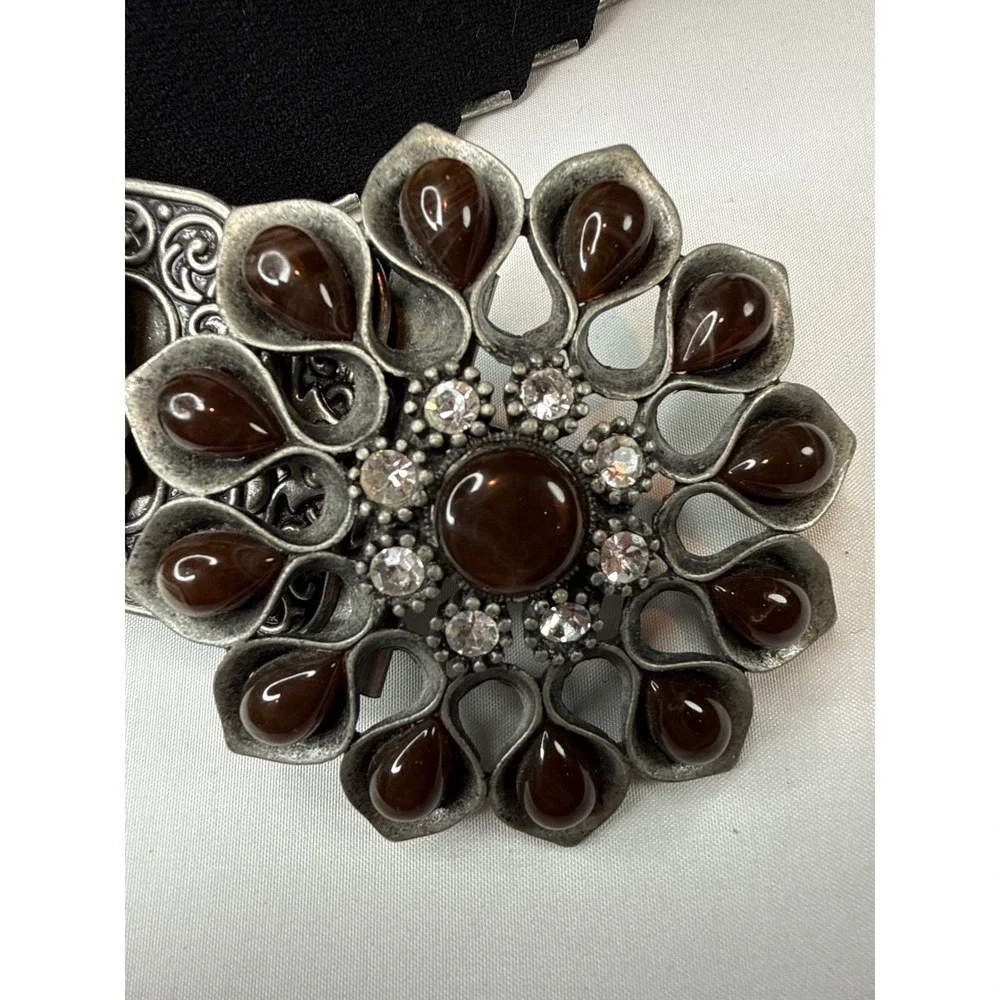 Vintage Silver Tone Filigree Stretch Belt Floral Buckle Rhinestone Cabochon 30in
